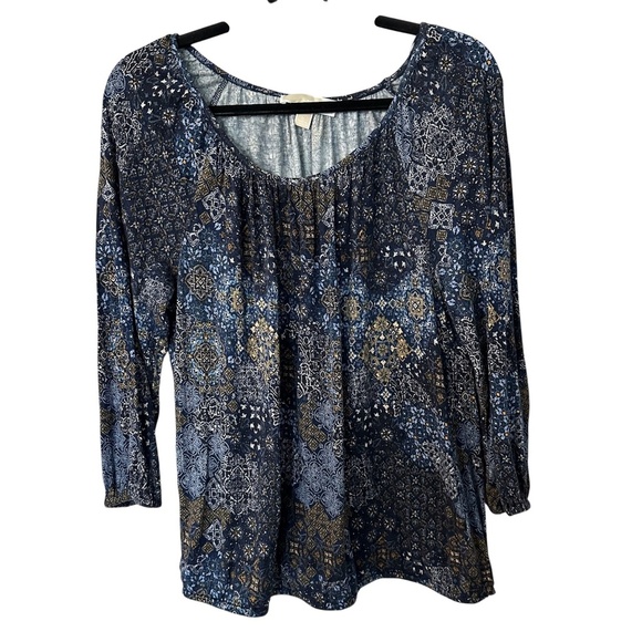 Michael Kors Women’s Scoop Neck Navy Blue & Gold 3/4 Sleeve Flowy Top Sz M GUC - Picture 1 of 8